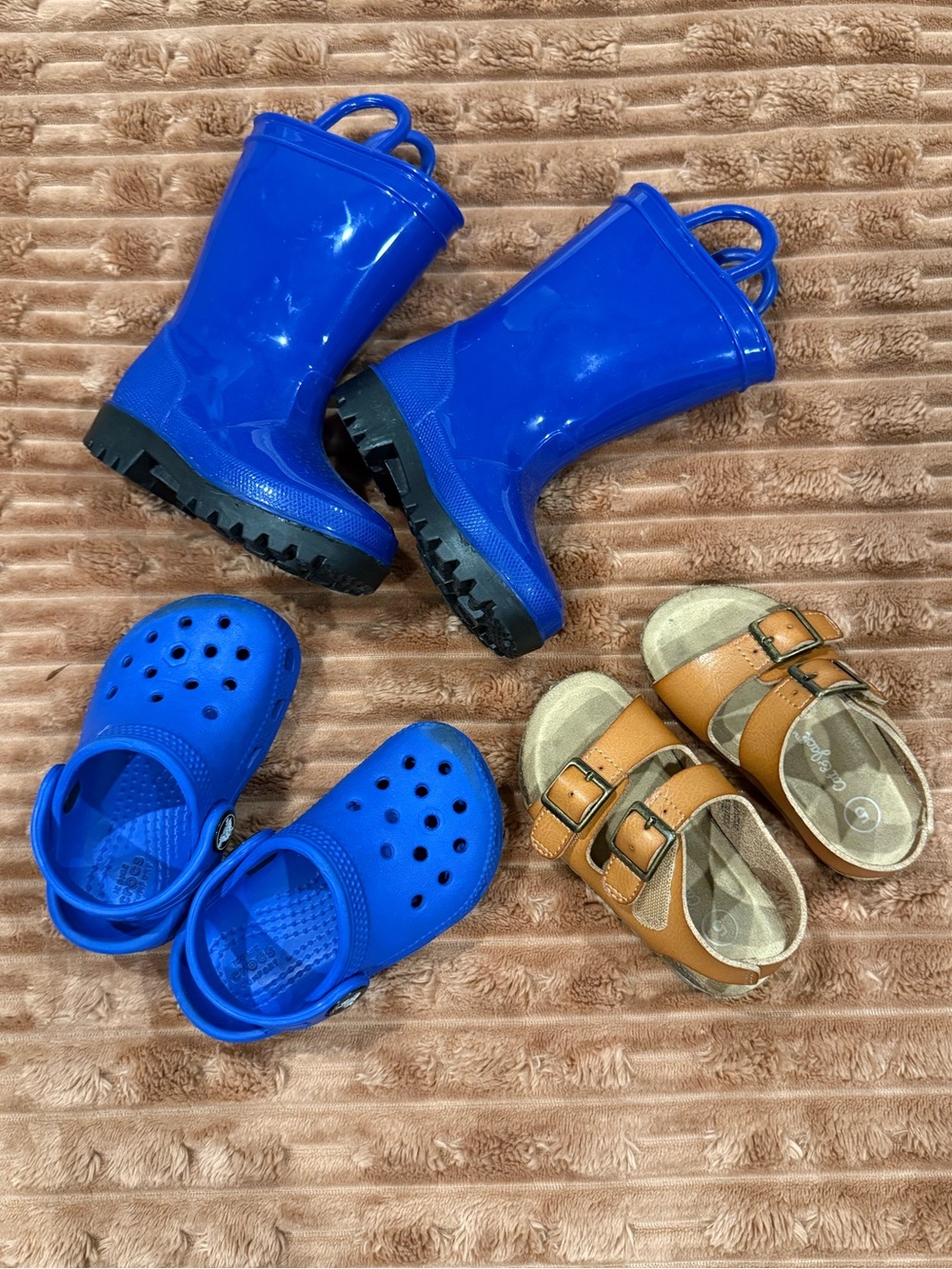 Toddler Blue Rain Boots, crocs and sandals bundle